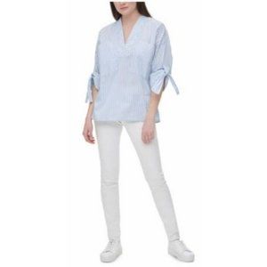 CALVIN KLEIN Womens Blue Striped 3/4 Sleeve V Neck Top Petites Size: S
